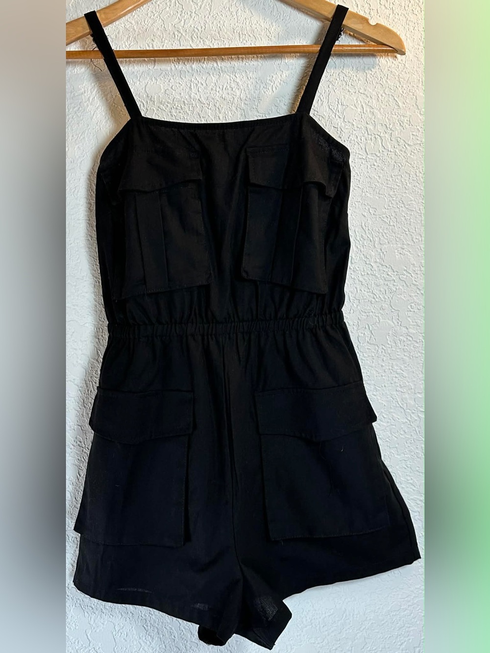 Main Strip Black Linen-Blend Romper